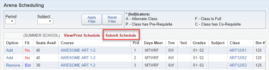 Arena Scheduling page with Submit Schedule link highlighted above course list