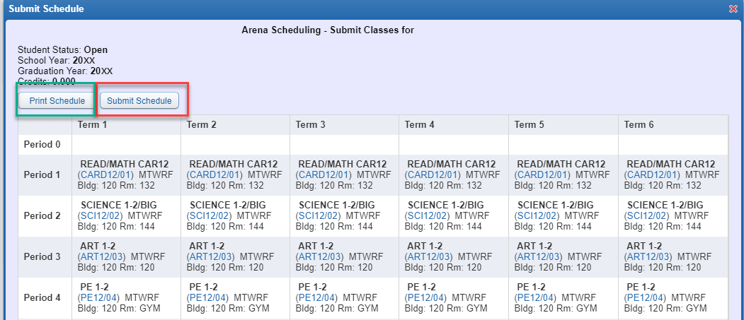 Submit Schedule window showing Print Schedule and Submit Schedule buttons above schedule matrix
