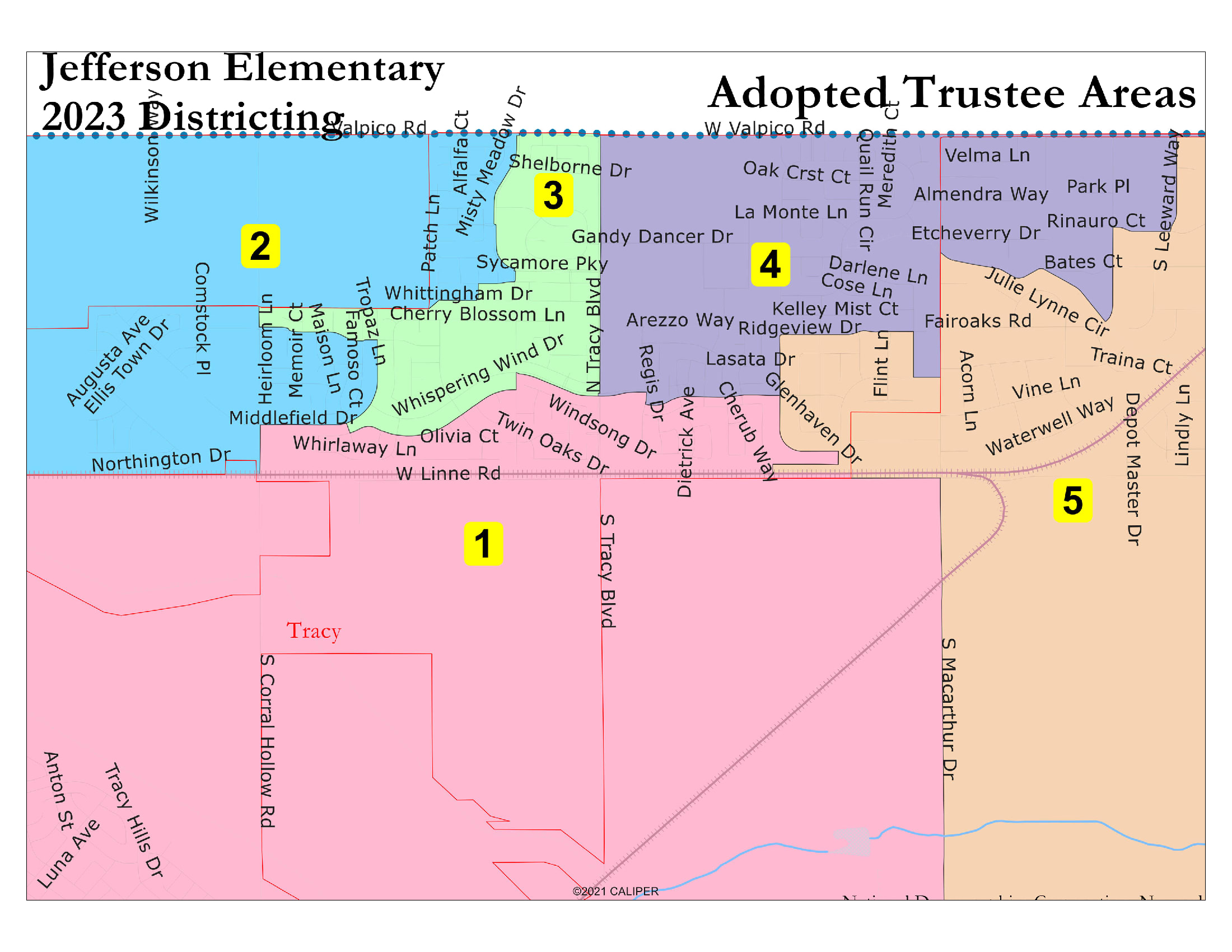 Map of the adopted trustee areas for Jefferson School District, 2023.