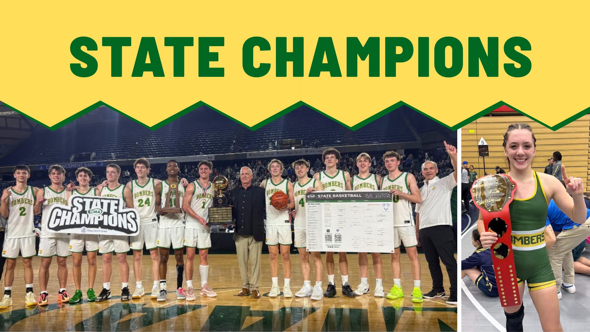 RHS Boys Basketball team and Girls Wrestler Savannah Thorpe are pictured below the words State Champions