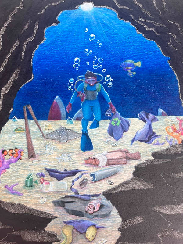 Scuba diver in a cave picking up plastic trash and a teddy bear from the ocean floor.