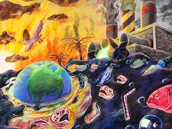 Factory pouring black sludge onto the Earth, trapping sea life and plastic waste.