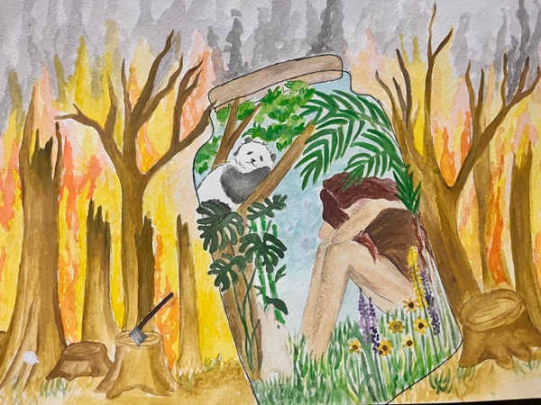 A watercolor of a person and panda inside a glass jar, safe from a forest fire outside.