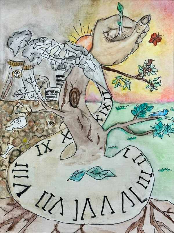 A melting clock between a dead industrial landscape and a hand holding a new sprout.