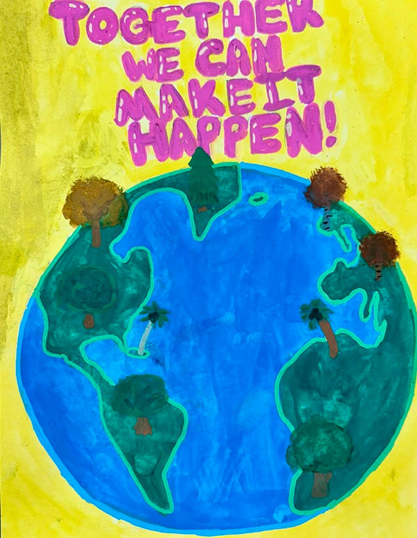 Together we can make it happen! text above a colorful painting of Earth and trees.