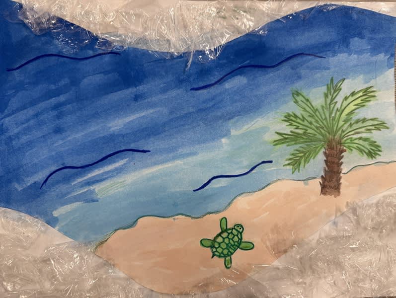 A beach painting with a turtle and palm tree, framed by real plastic wrap representing pollution.