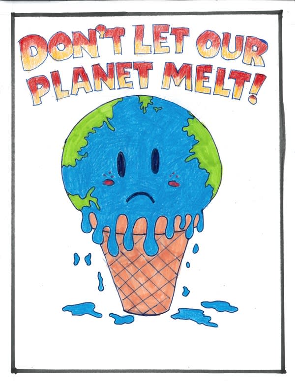 A sad Earth melting like ice cream on a cone with the text "Don't let our planet melt!"
