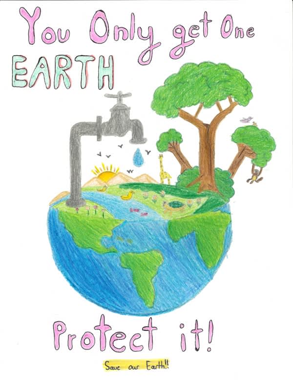 A globe featuring trees, animals, and a giant faucet with the text "You only get one Earth."