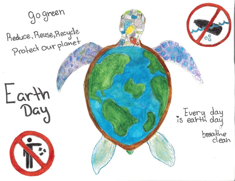 A sea turtle with a globe shell and a head made of trash, surrounded by eco-friendly slogans.