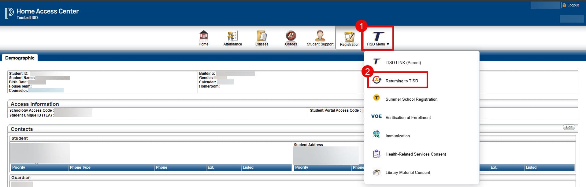 Returning to TISD menu location in Home Access Center