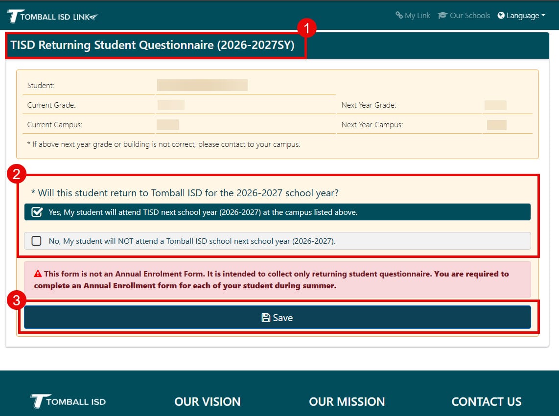 Returning to TISD questionnaire form