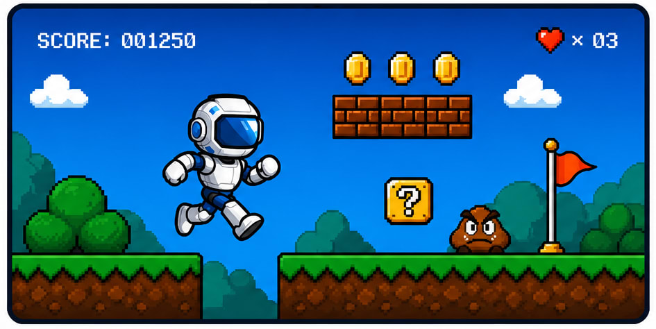Retro robot jumping across platforms