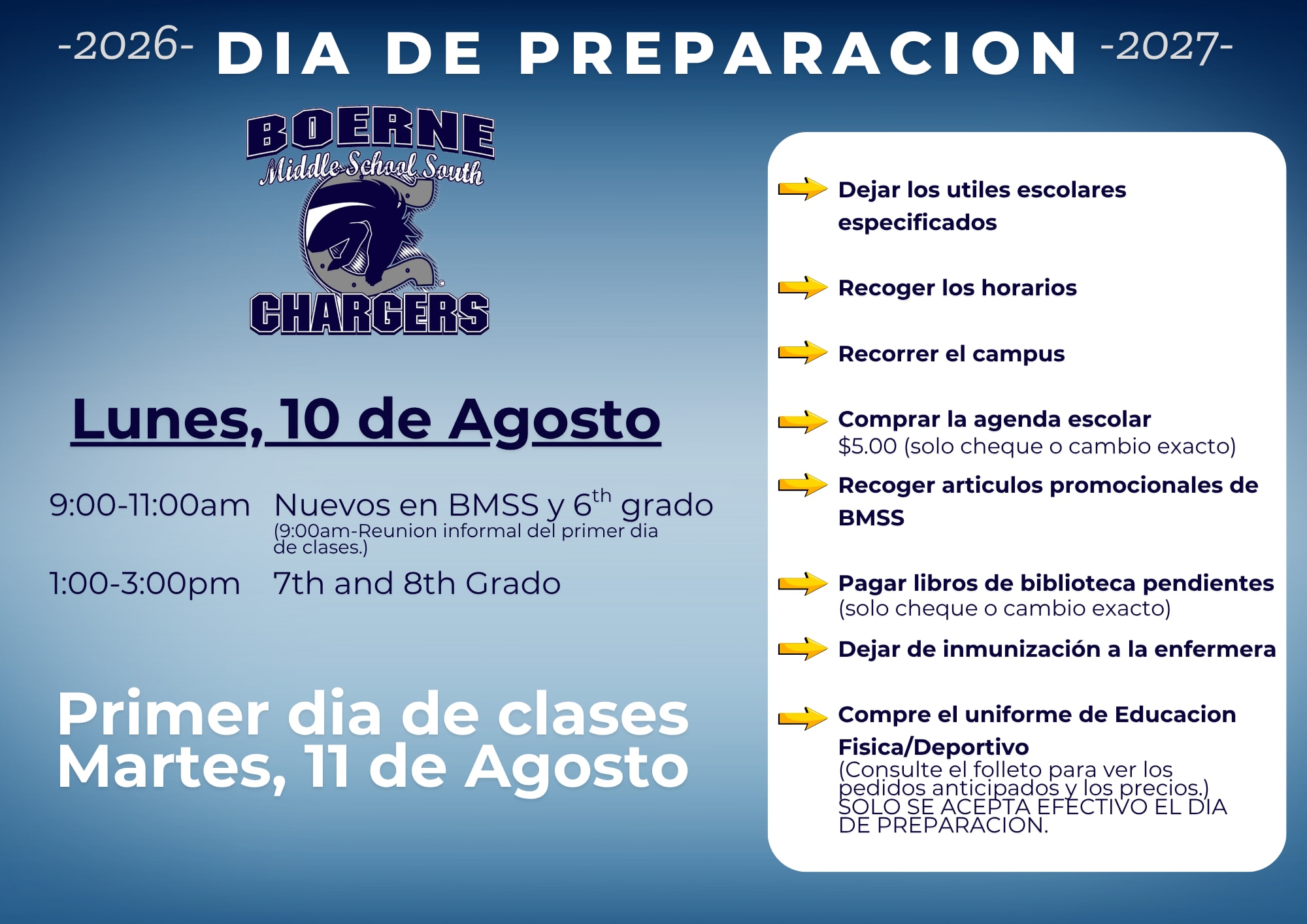 BMSS Prep Day Information Spanish