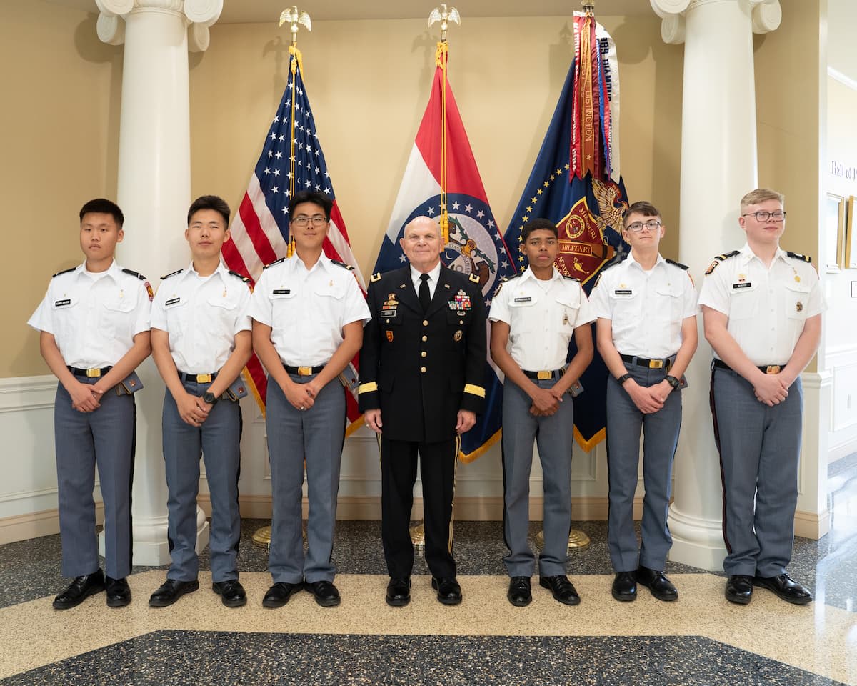 MMA cadets stand with President Geraci during a recognition ceremony at Missouri Military Academy.