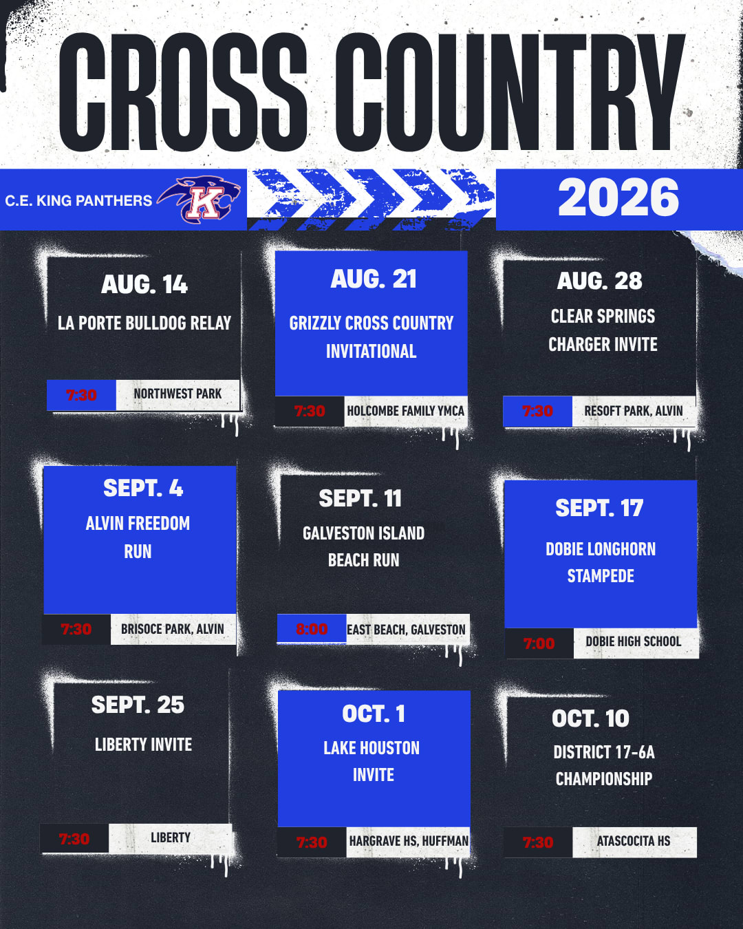 A dark background displays a cross country schedule for C.E. King Panthers in 2026, with event details listed in blue boxes.