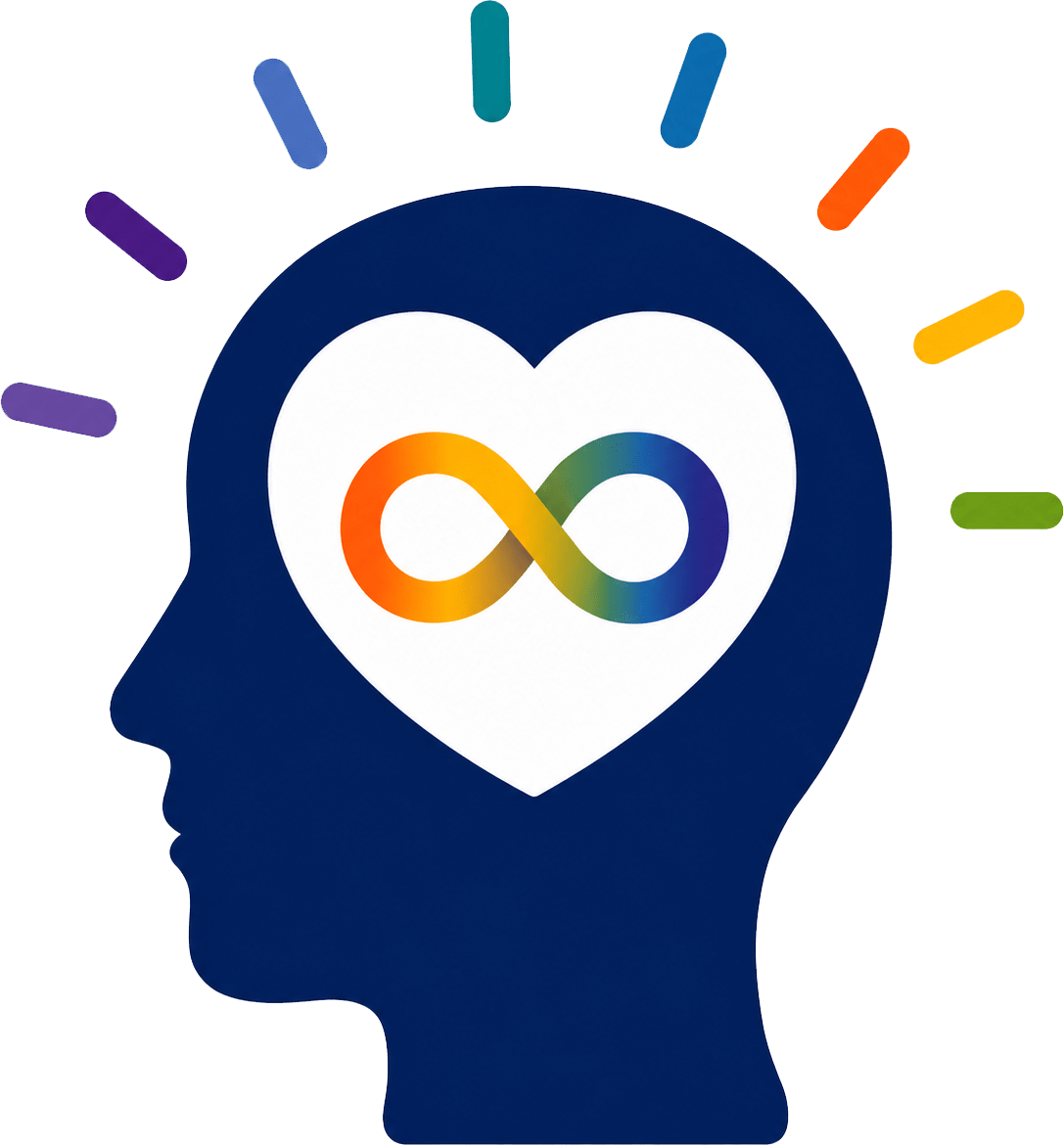 A blue silhouette of a head in profile contains a white heart with a rainbow infinity symbol, and colorful rays emanate from the top of the head.