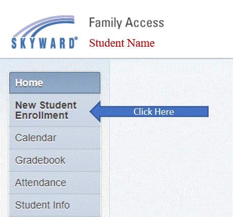 Skyward Family Access screen showing the New Student Enrollment option