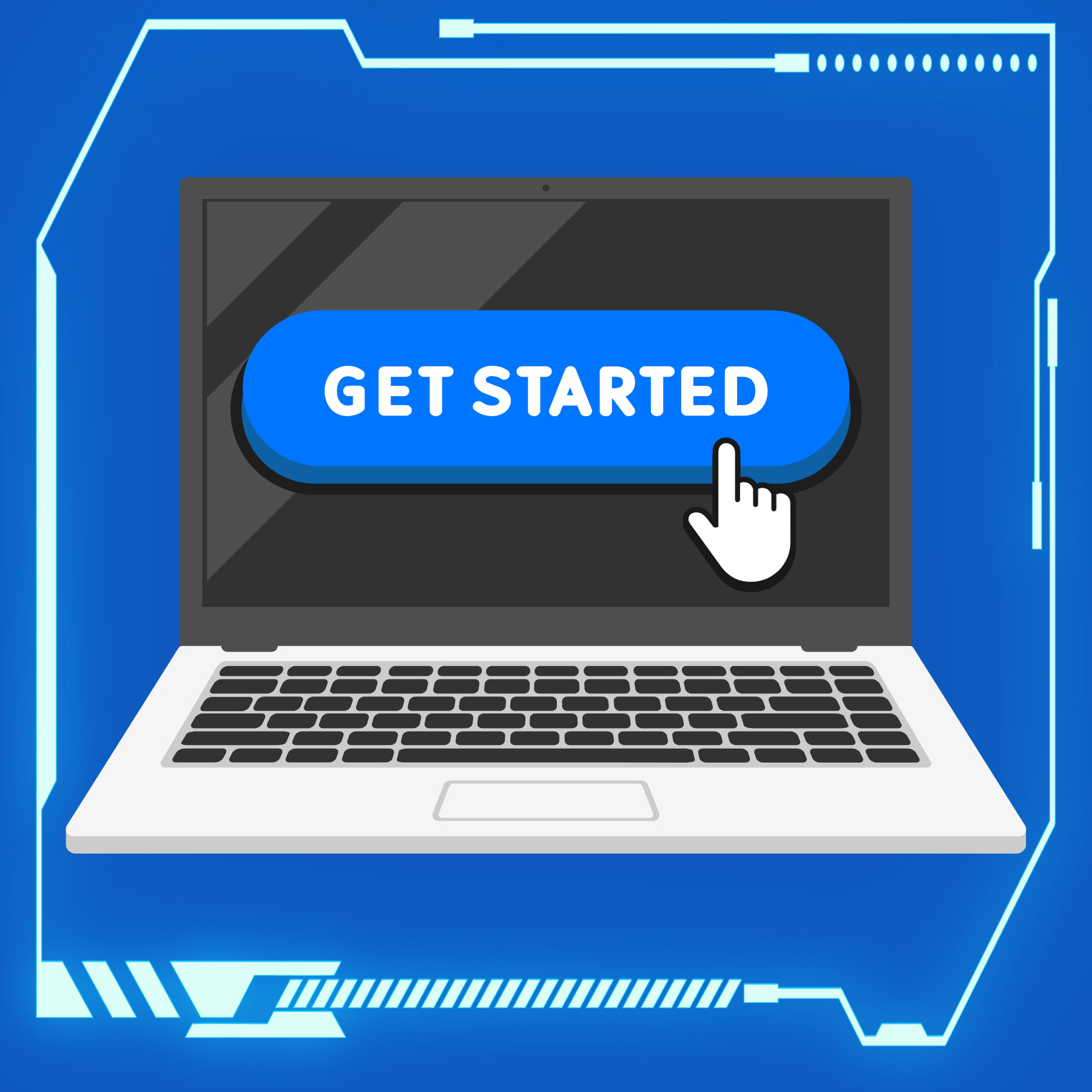 Computer with words get started on screen