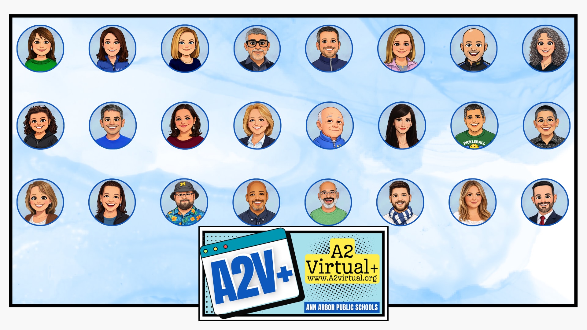 Collection of cartoon images of A2V staff