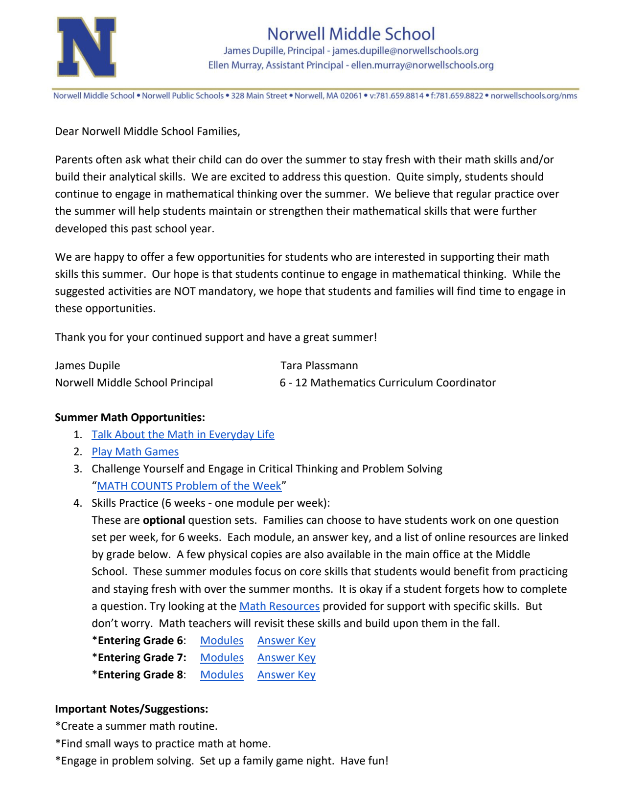 Math - Summer Work - Norwell Middle School