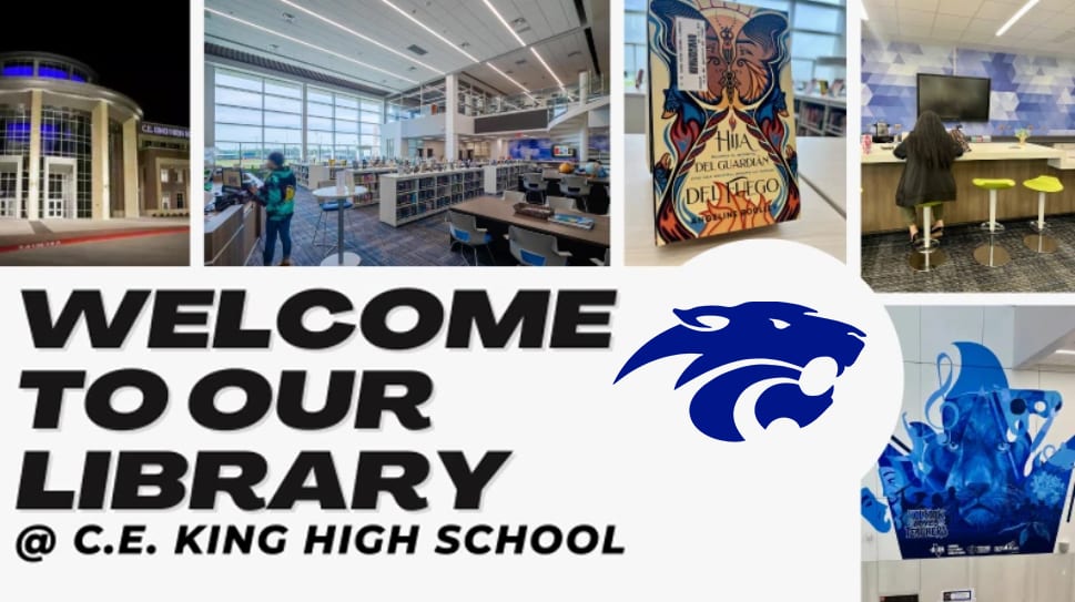 A collage of images welcomes viewers to the C.E. King High School library, featuring the school's mascot and various shots of the library's interior and exterior.