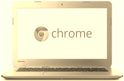 A silver laptop with the Chrome logo displayed on its screen sits against a plain, light background.