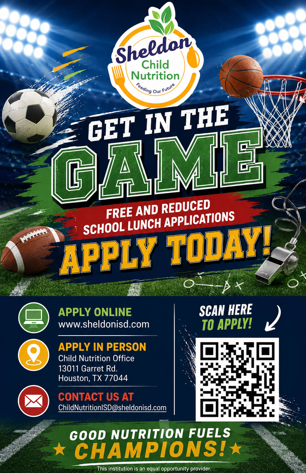 A sports-themed school lunch application flyer features various balls and a whistle in the foreground against a backdrop of a stadium with bright lights.