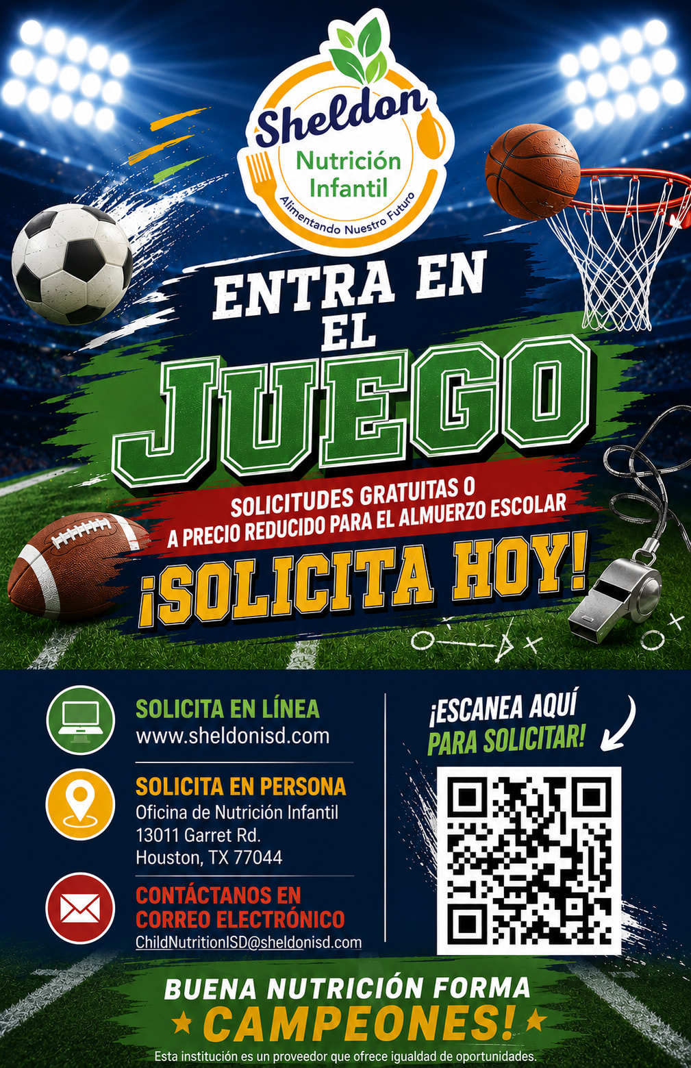 Various sports balls and a whistle surround a central Spanish-language announcement for school lunch applications, set against a background of a brightly lit sports stadium.
