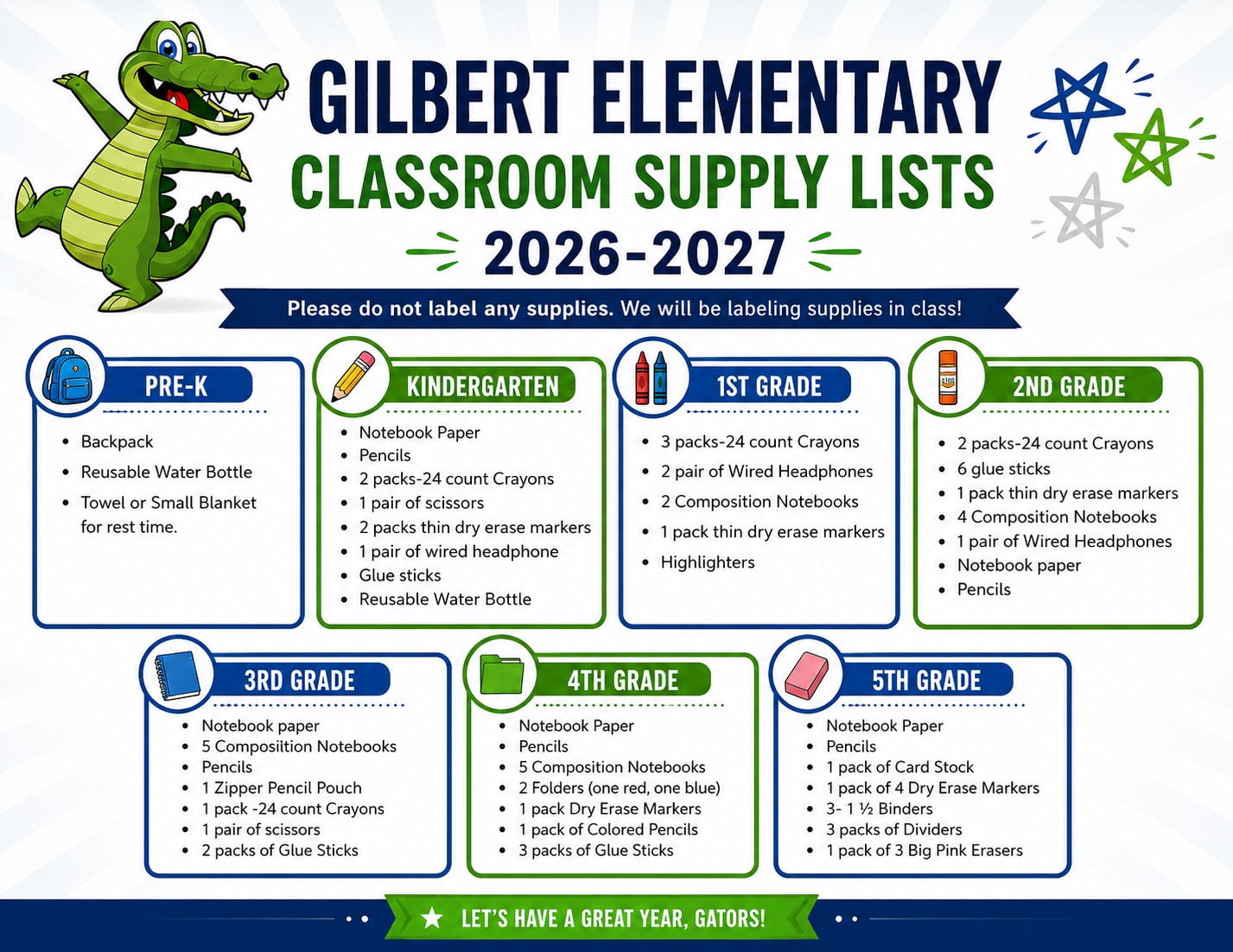 Gilbert Elementary 2026–2027 school supply lists