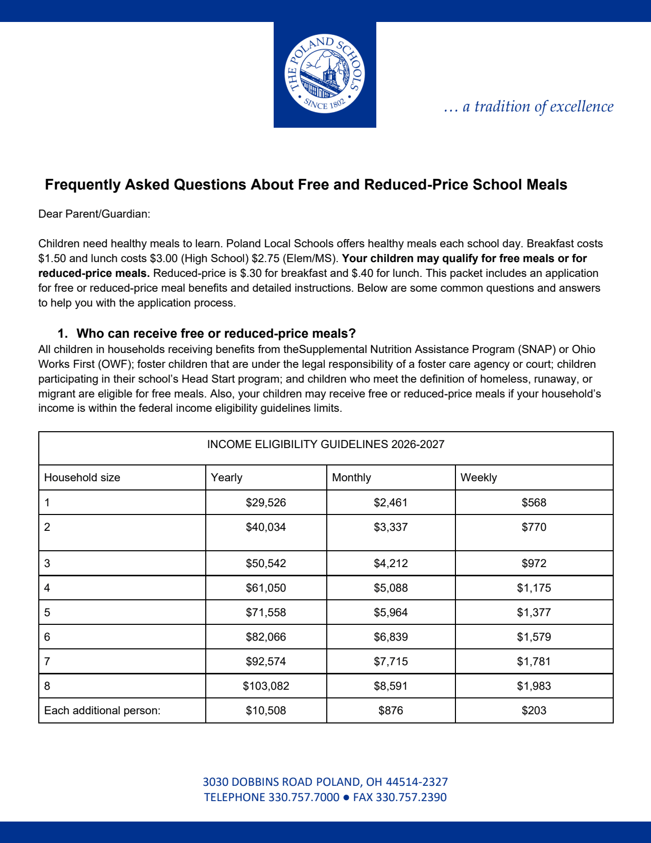 A document about free and reduced-price school meals is presented with a table of income eligibility guidelines in the foreground and a school logo and contact information in the background.