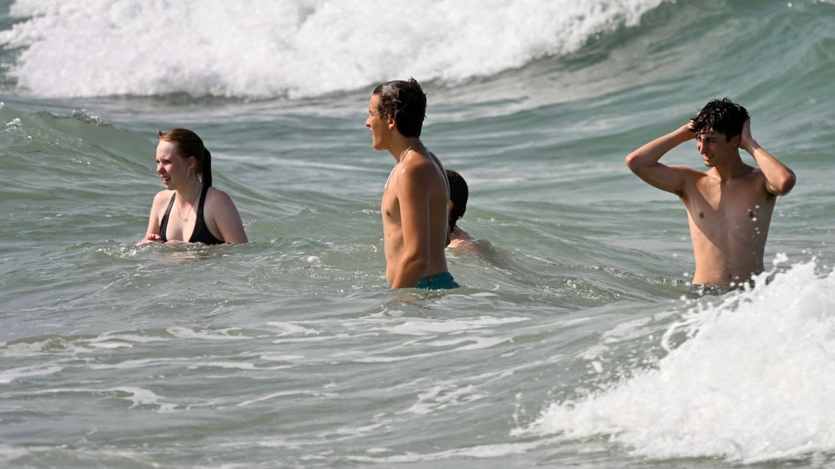 People swim in the ocean with waves crashing around them.