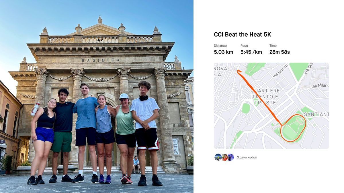 A group of six young adults poses for a photo in front of a large stone building, with a map showing a 5K race route on the right.