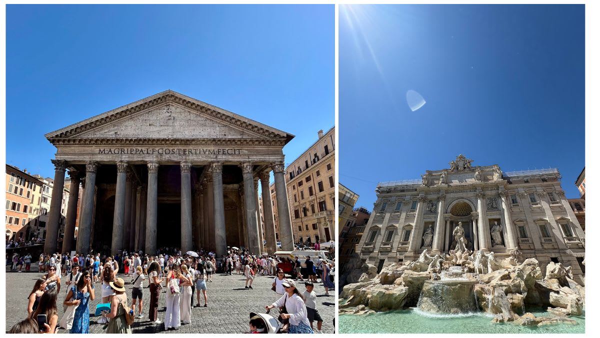 A crowd gathers in front of the Pantheon on the left, while the Trevi Fountain is illuminated by the sun on the right.