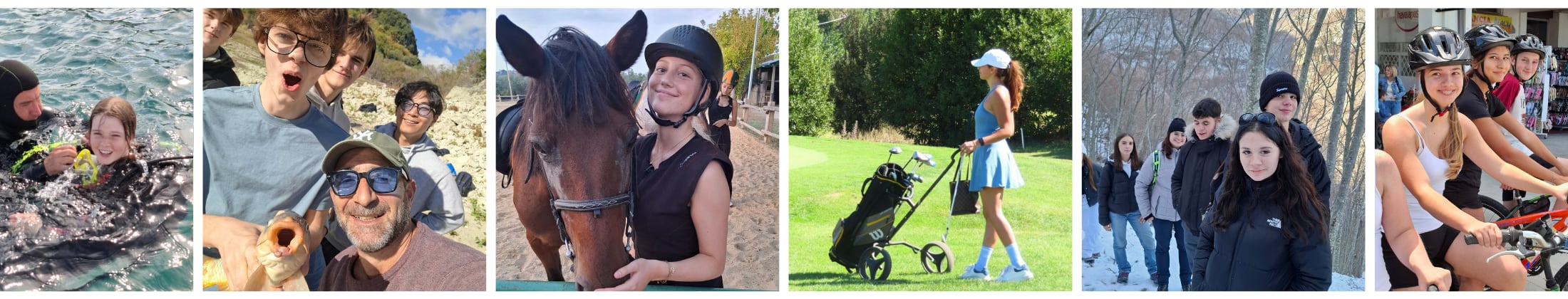 CCI students scuba diving, visiting the coast, horseback riding, golfing, winter hiking and cycling