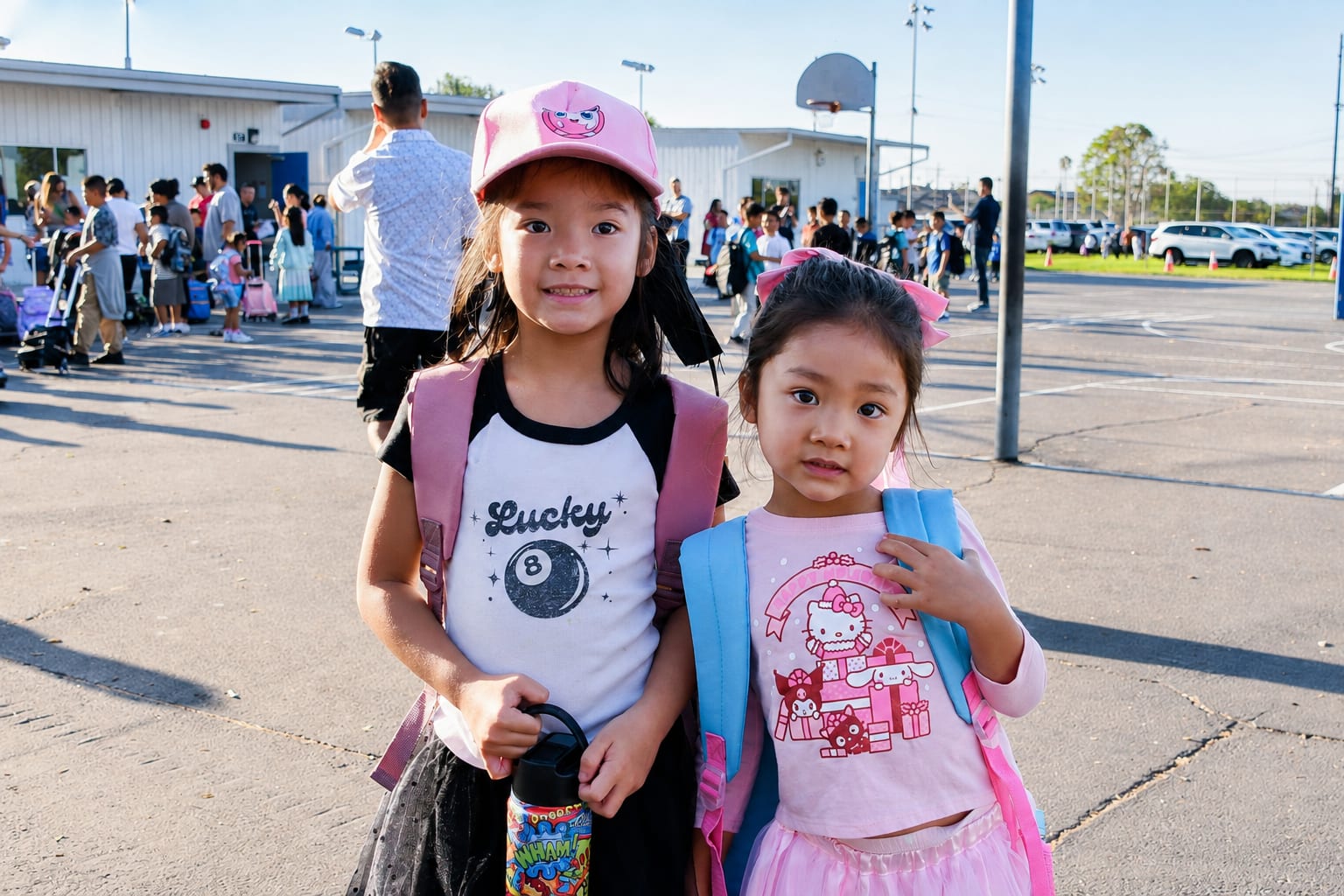 Two students standing together outside.