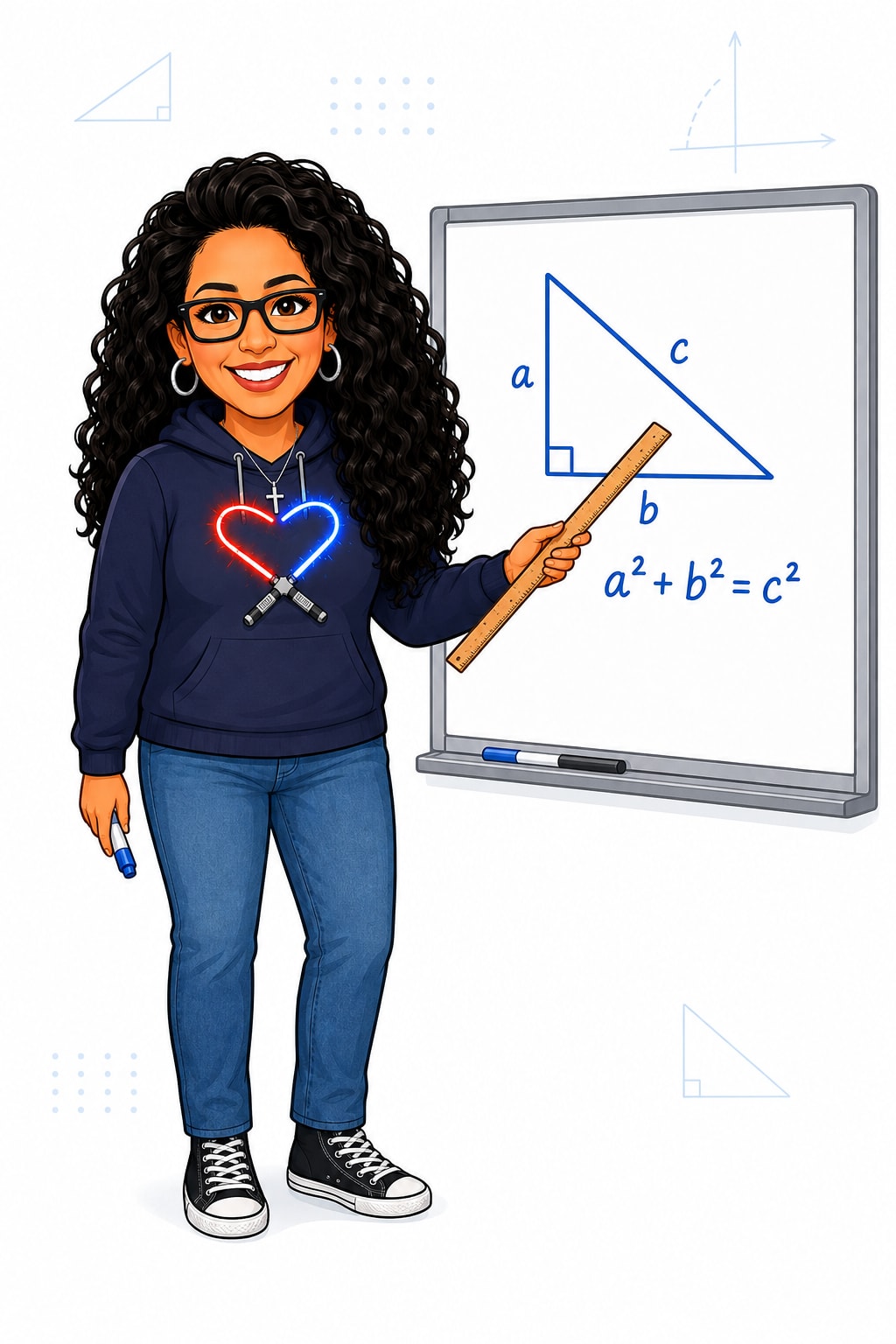 A smiling woman in a hoodie and jeans points to a Pythagorean theorem equation on a whiteboard, with faint geometric shapes in the background.