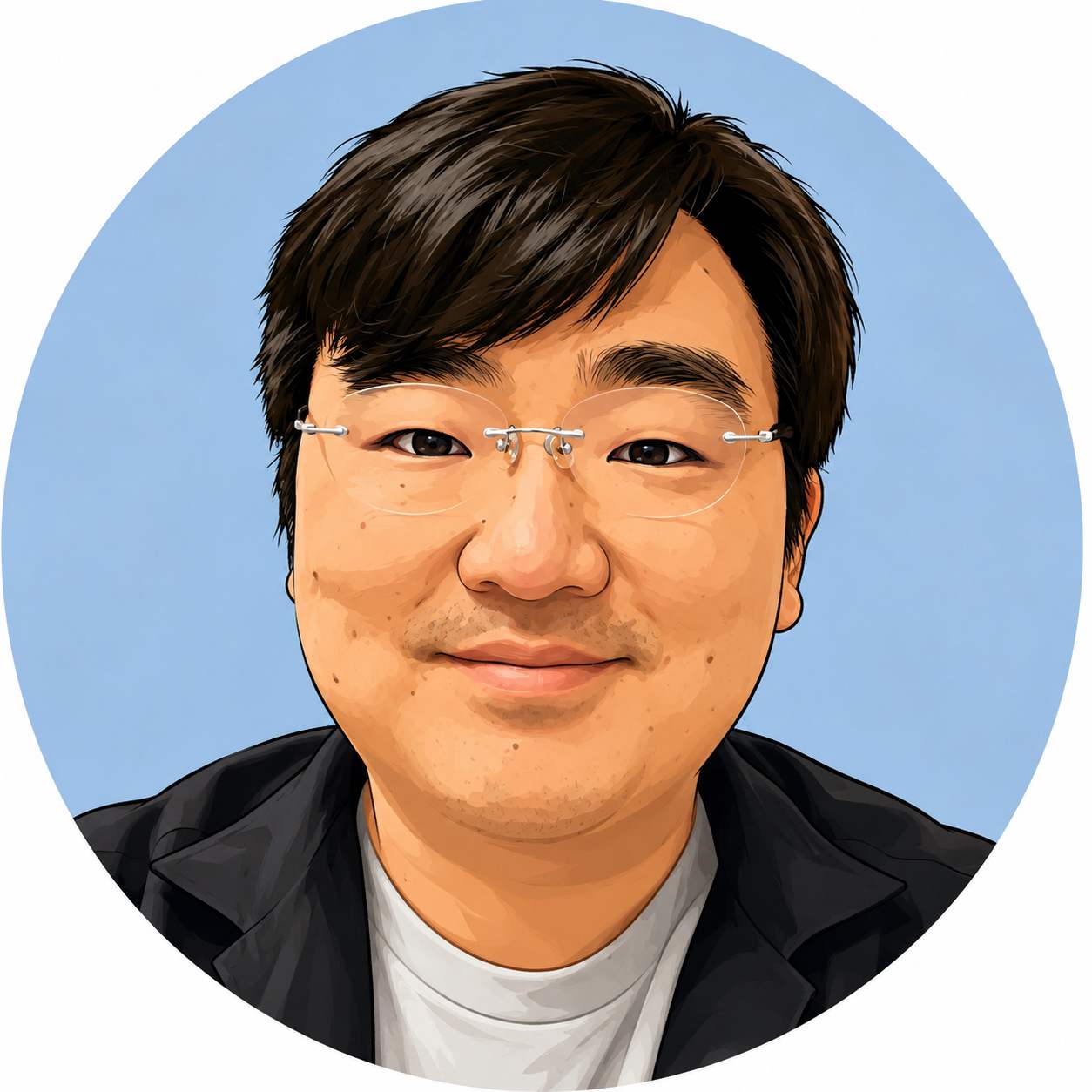 A man with glasses and dark hair is shown in the foreground, with a light blue background behind him.