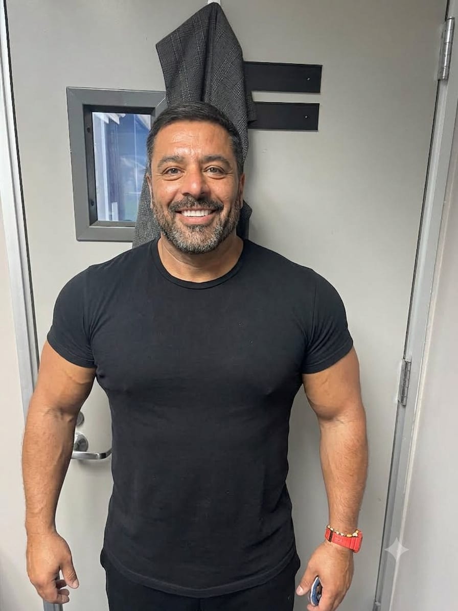 A muscular man in a black t-shirt smiles in front of a gray door with a window.