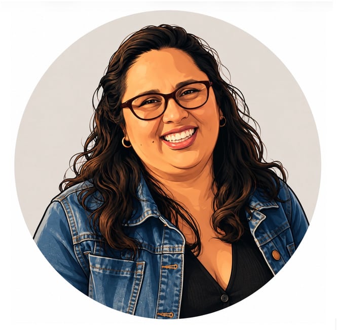 A smiling woman with dark, wavy hair and glasses, wearing a denim jacket over a black top, is set against a plain, light gray circular background.