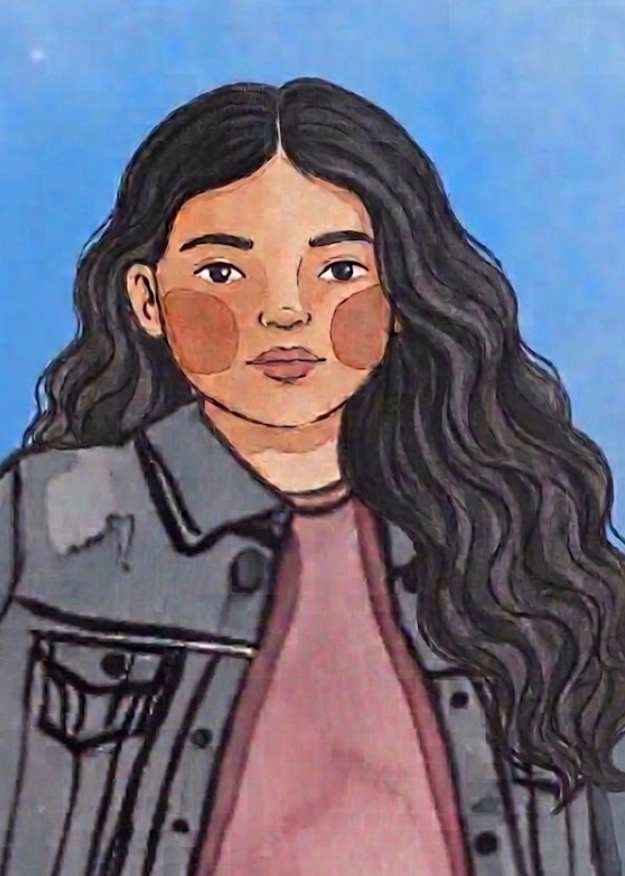 A young girl with long, dark, wavy hair and rosy cheeks, wearing a denim jacket over a pink shirt, is set against a soft blue background.