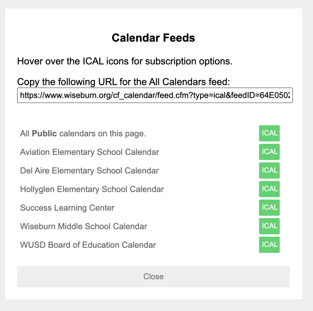 The Calendar Feeds window listing each school calendar with a green ICAL button