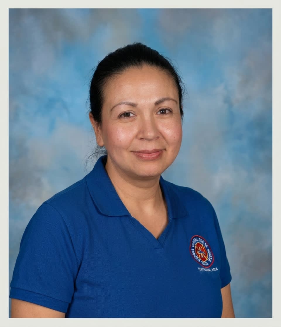 A woman wearing a blue polo shirt stands against a mottled blue and grey studio background.