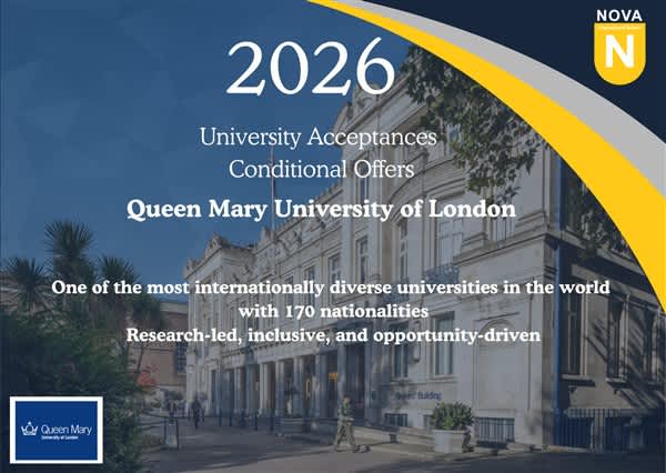 Text promoting Queen Mary University of London for 2026 acceptances is overlaid on a background featuring a classical stone university building and greenery.