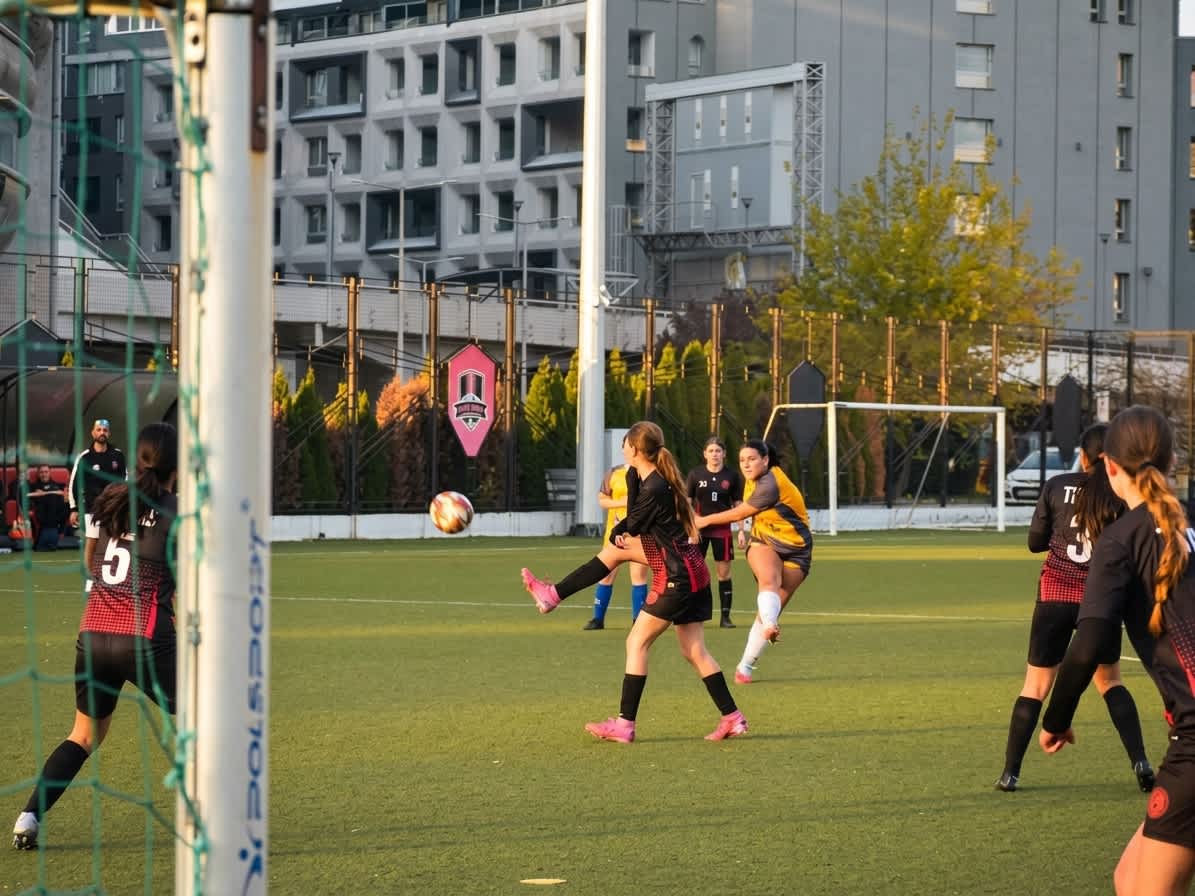 A student kicking the ball during a girls football match on the school field