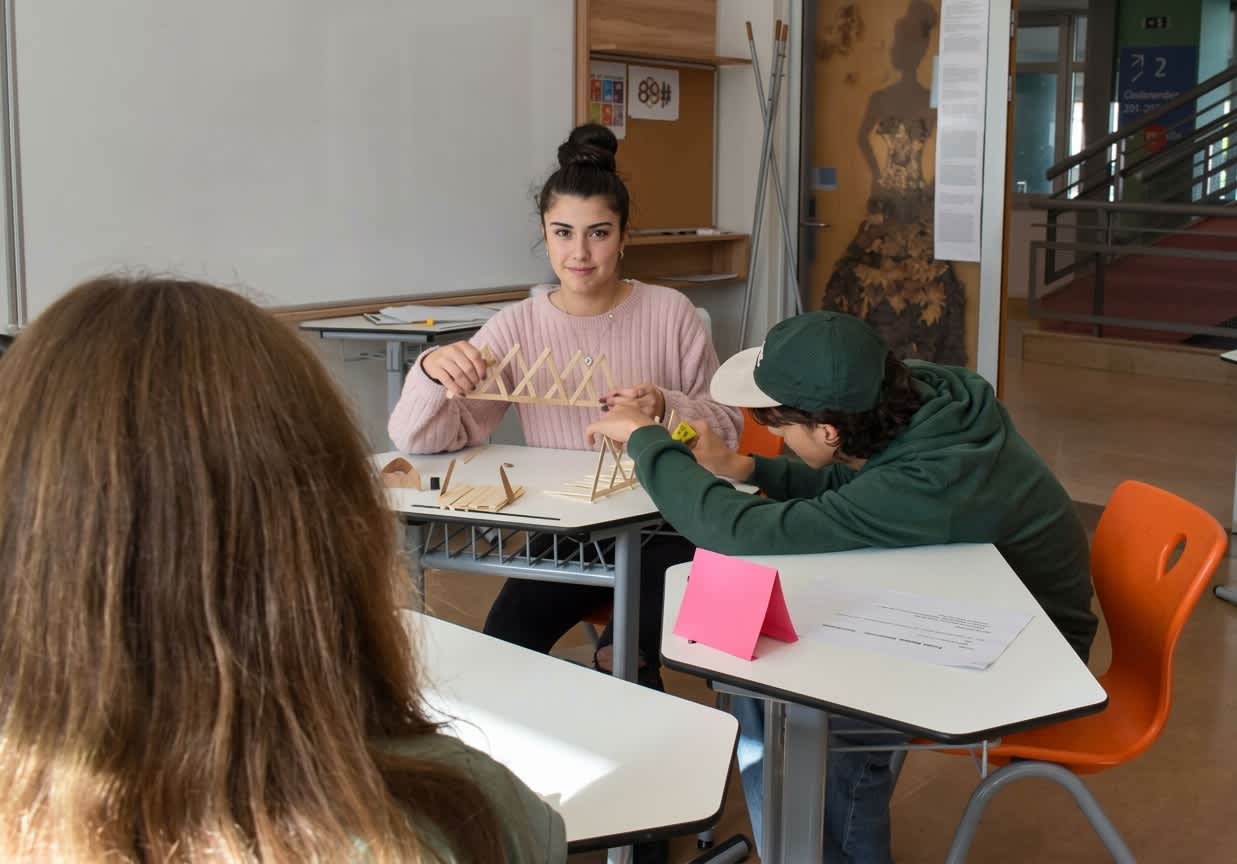 A student holding a popsicle-stick bridge she designed while a classmate builds his