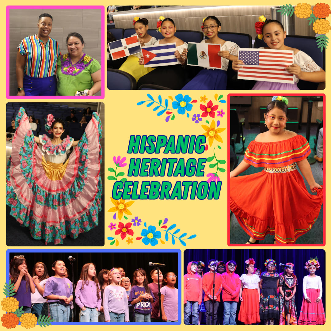 A collage celebrating Hispanic Heritage features people in traditional dress and holding flags, with a central text overlay surrounded by colorful flowers.