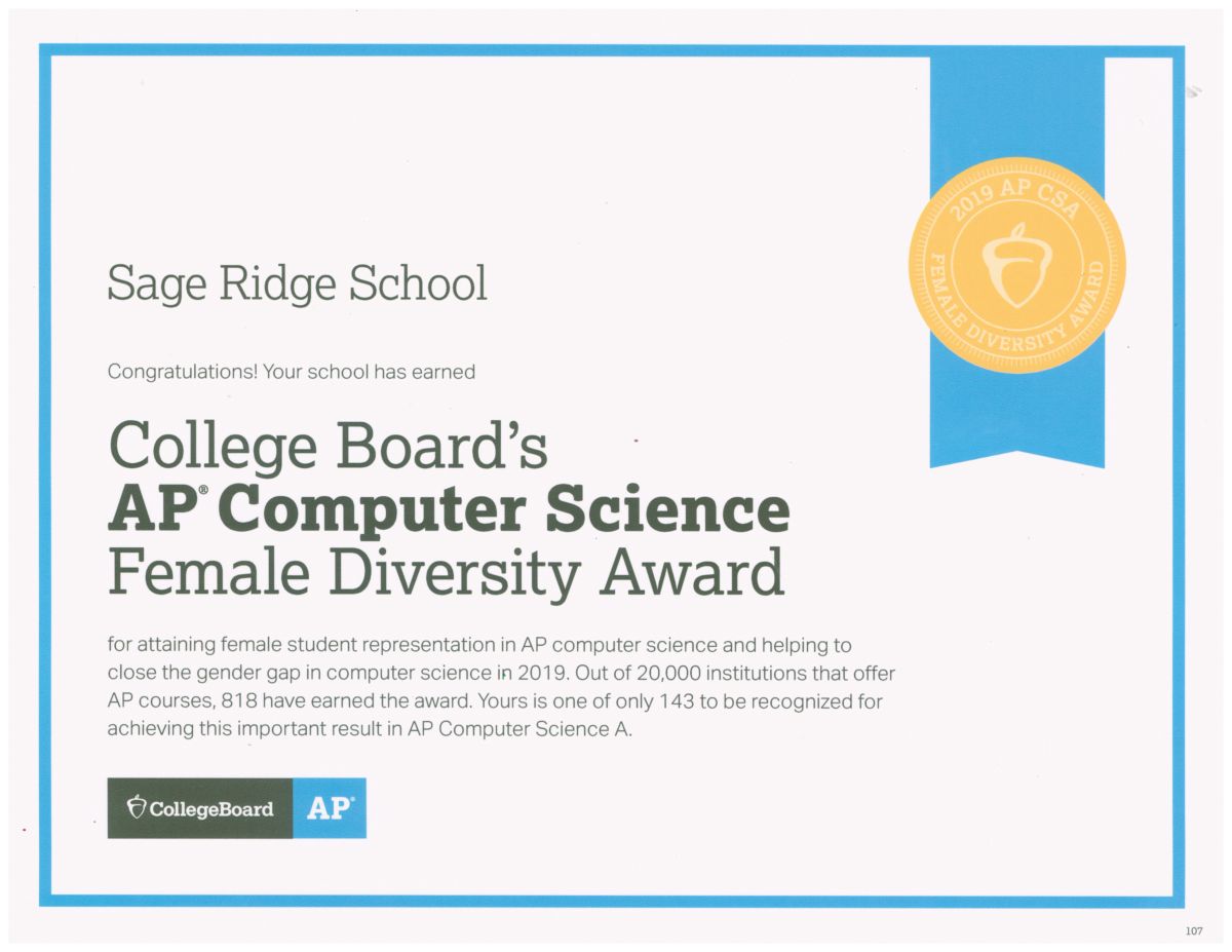 SRS Awarded the AP Computer Science Female Diversity Award | Details