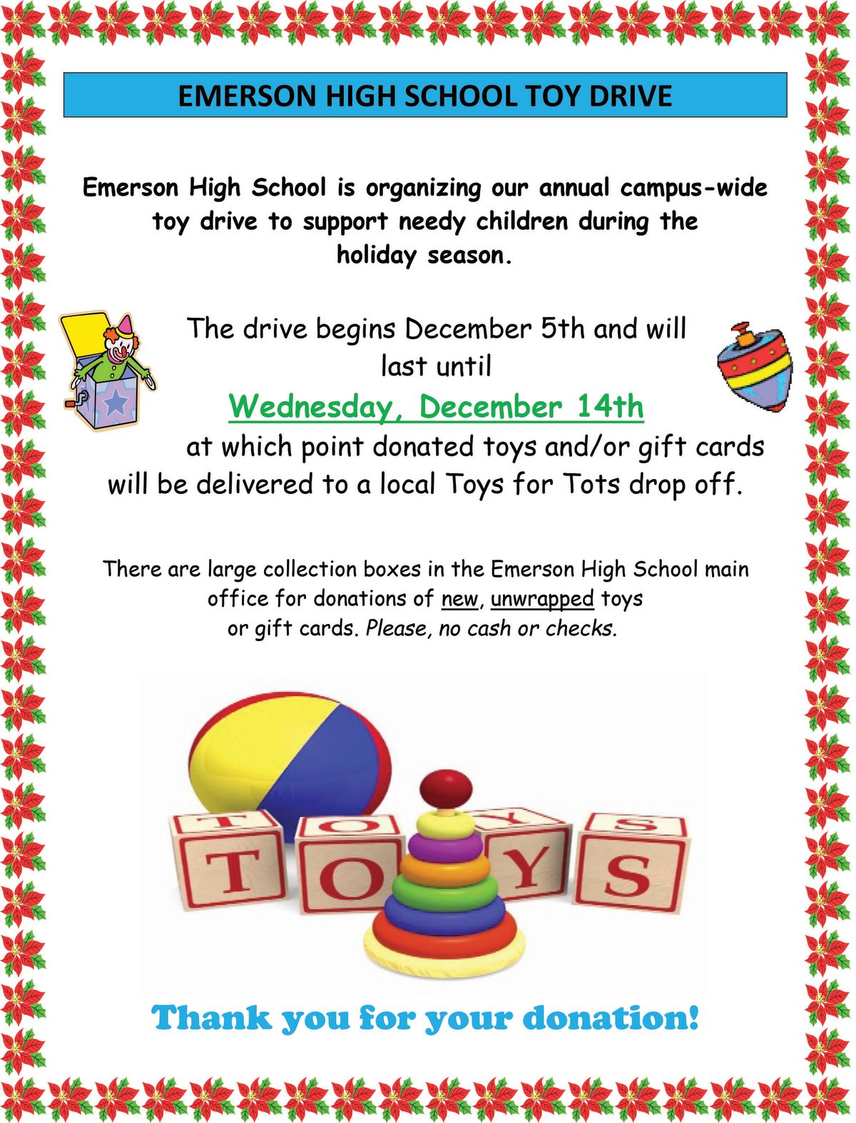 Emerson High School’s annual Toys for Tots drive News Details
