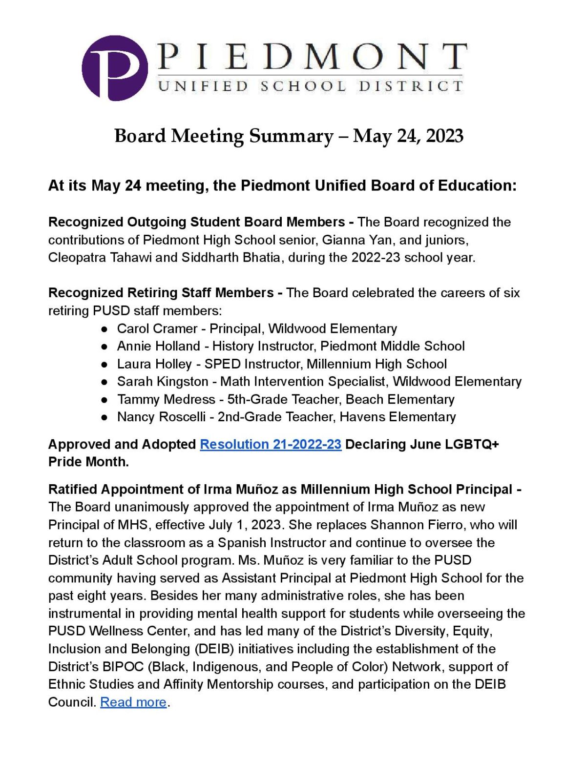 PUSD Board Meeting Summary - May 24, 2023 | post details