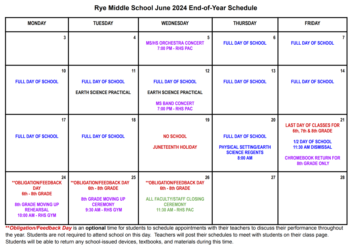 Rye Middle School June 2024 End-of-Year Schedule | Posts Details